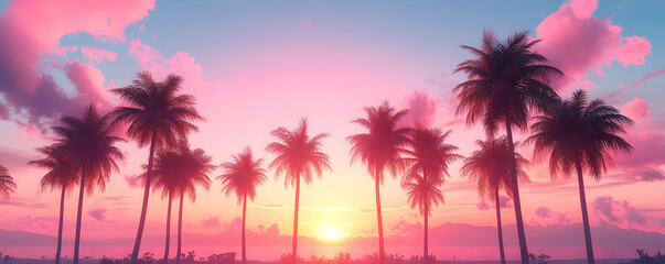 Obraz premium Pink sunset, palm trees, beach. Vacation travel
