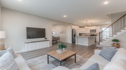 Fototapeta premium White-themed living room with a Smart TV on the wall, a small coffee table, and cozy seating arrangements.