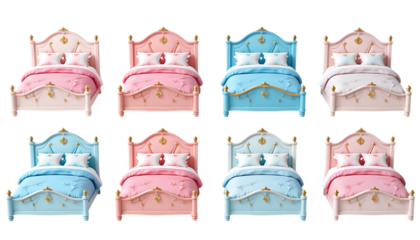 Whimsical Fairytale Bed in Soft Pink, Blue, and White Hues isolated on png