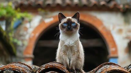Siamese Cat on Old Roof, Church Background