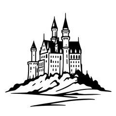 Obraz premium Medieval castle on a hill, black and white vector