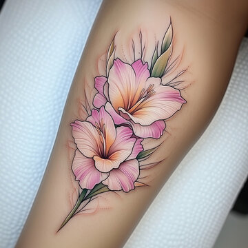 tattoo of one single gladiolus flower in a bold American traditional style color pink and yellow