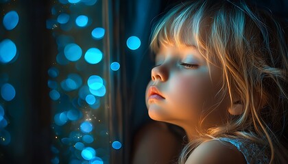 Sleepy child by window with lights