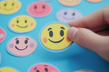 This image depicts a person providing feedback using colorful emoticon stickers on a pastal background. The stickers range from sad to happy,