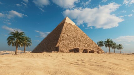 Majestic Pyramid Surrounded by Lush Palm Trees Under a Bright Blue Sky in a Desert Landscape