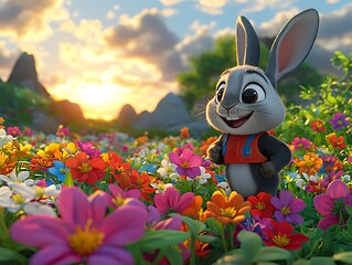 Cute bunny in a flower field at dawn