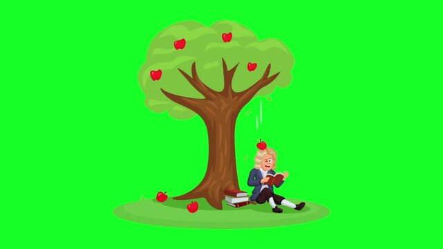 Isaac Newton Sitting Under A Tree And Was Hit By An Apple. Gravity Theory Discoverer Cartoon Animated On Green Screen