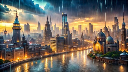 Fototapeta premium Rain Transforms Cityscape: Shimmering Landmarks in an Urban Downpour