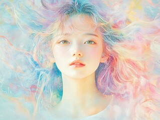Fototapeta premium Young woman with colorful hair in a soft backdrop