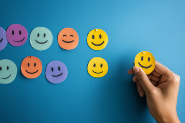 This image depicts a person providing feedback using colorful emoticon stickers on a pastal background. The stickers range from sad to happy,