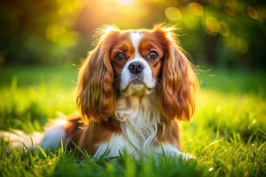 Aerial View of a Ruby King Charles Cavalier Spaniel in a Lush Garden