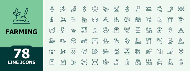Farming icon collection. Includes thin line gardening, harvest, mill, agriculture, plantation, garden and more. Icons for UI. Editable vector art. Minimalist icon collections. © icogrid