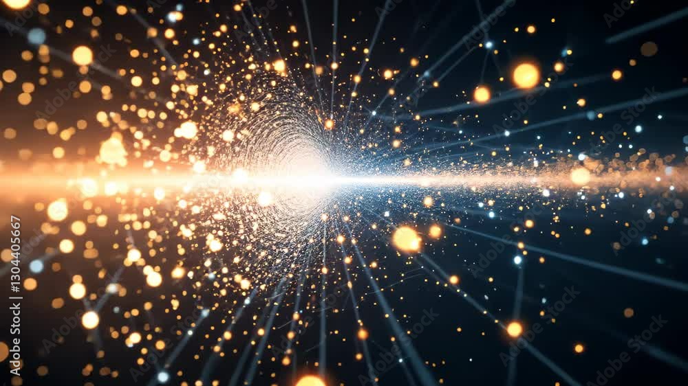 Poster a dynamic and glowing tunnel of interconnected light particles, representing data flow.