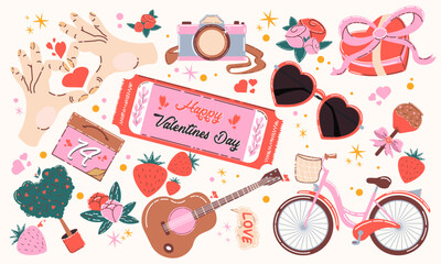 Happy Valentines Day romantic shapes set. Heart glasses, candy, strawberry, ticket, camera, guitar, bike, flowers.