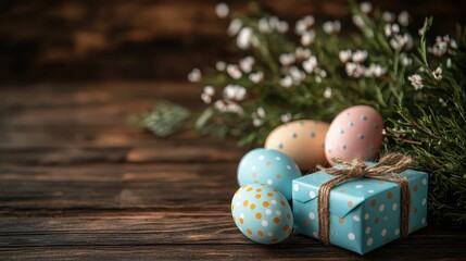 A rustic wooden surface, adorned with pastel-colored Easter eggs and festive gift boxes, creating a cozy and inviting atmosphere. Perfect for adding text or design elements to enhance the holiday