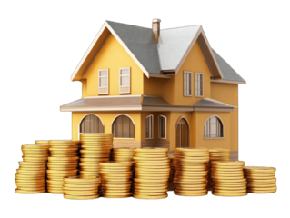 3D Model of a House Surrounded by Stacks of Gold Coins, Isolated on a Transparent Background