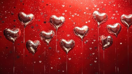 Fototapeta premium A vibrant red canvas, dotted with the playful hearts of silver foil balloons, inviting viewers to celebrate Valentine is Day with a celebratory and vertical perspective.