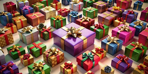 Fototapeta premium Aerial View of Beautifully Wrapped Christmas Presents on White Background