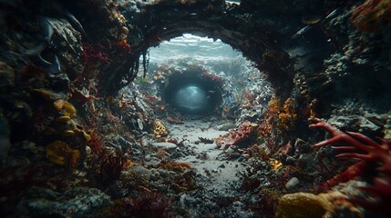 Mysterious Underwater Coral Reef Tunnel with Dark Blue Water and Red Coral
