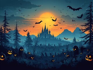 Halloween Castle Graveyard Sunset