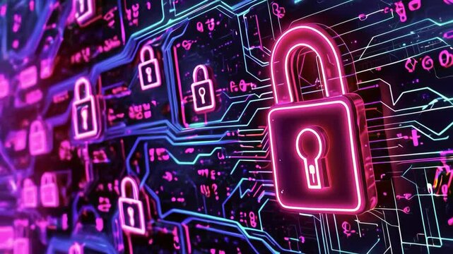 A glowing digital lock encircled by streams of binary code and data points, representing cybersecurity