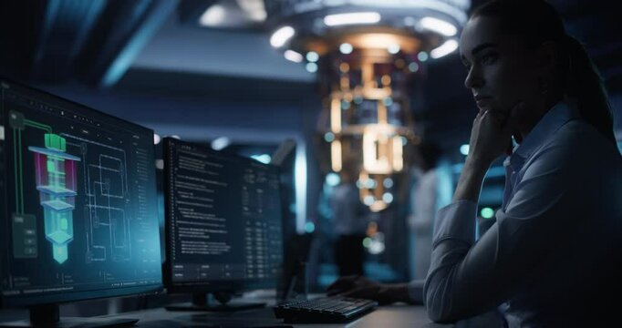 Smart Female Engineer Working Behind a Desk on a Computer. Scientist Optimizing Software Code of a Quantum Processor, Building a Visual Model of the Quantum Computing Architecture