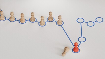 Obraz premium pawns over a red chart to recover from a crisis. Business continuity plan or disaster recovery concept .Made and rendered in C4D, not AI.