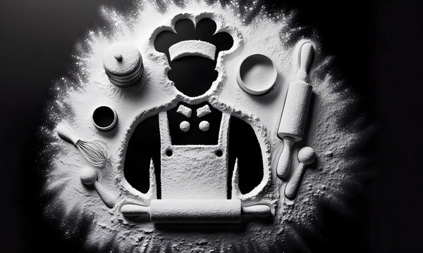 Ein B&auml;cker mit B&auml;ckerm&uuml;tze in Mehl gemalt, auf schwarzem Hintergrund