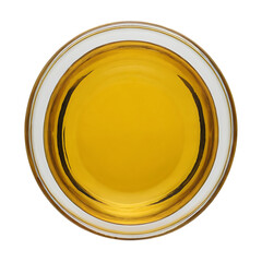 A glass bowl filled with a golden liquid, viewed from above and isolated on a white background. Ideal for cooking oil, honey, or other liquid ingredient visuals