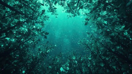 Fototapeta premium Enchanting Underwater Scene Featuring Lush Green Leaves and Tranquil Blue Water in a Serene Atmosphere
