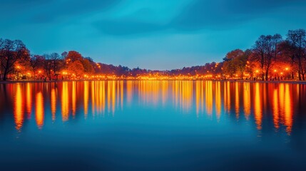 Serene Lake Reflection at Dusk with Glowing Street Lights and Colorful Autumn Trees