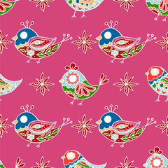  Folk bird and flower ornament. Pattern in hand draw style, created for fabrics