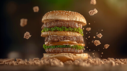 Juicy burger photo captures the rich flavor and deliciousness. The high-speed photography style emphasizes the details of the sauce, adding to the appeal of this dish.