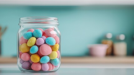 Colorful Easter Eggs in a Glass Jar on a Light Background Ideal for Festive Celebrations and Seasonal Decor