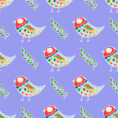  Folk bird and flower ornament. Pattern in hand draw style, created for fabrics