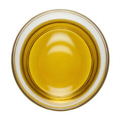A glass bowl filled with a golden liquid, viewed from above and isolated on a white background. Ideal for cooking oil, honey, or other liquid ingredient visuals