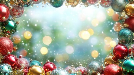 A vibrant, festive frame is crafted from a kaleidoscope of Christmas balls, their sparkling surfaces reflecting the soft, verdant background. A blank space invites you to add your text or design,