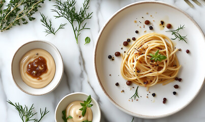 Black pepper spaghetti on a minimalist ceramic plate, served with cream sauce and fresh herbs on a marble surface, adding a touch of luxury.