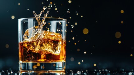 Refreshing Splash of Whiskey in a Glass with Ice Cubes and Sparkling Background