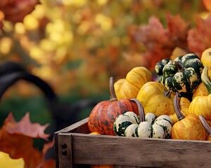 Autumn Harvest Pumpkins and Gourds in Rustic Wooden Crate