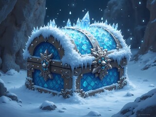 Mystic Ice: The Chest Frozen in Time
A treasure chest encased in a thick layer of frost, its surface shimmering with icy reflections. 