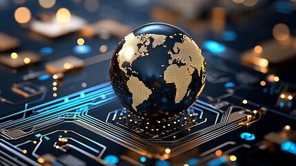 Exploring the intersection of technology and global connectivity digital world map on microchip 3d visualization futuristic environment close-up perspective innovation in communication