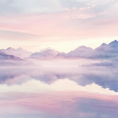 Fototapeta premium Fog drapes over serene mountains and reflective waters at dawn