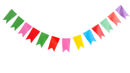 Obraz premium colorful decorative garland banner with triangular flags in vibrant hues perfect for party decoration, festive events and celebrations isolated on a clean white background 