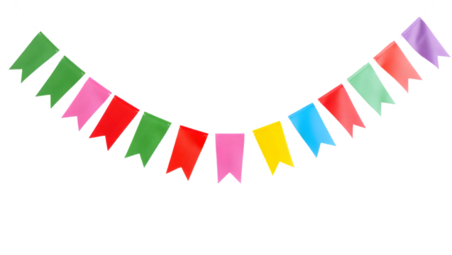 colorful decorative garland banner with triangular flags in vibrant hues perfect for party decoration, festive events and celebrations isolated on a clean white background	