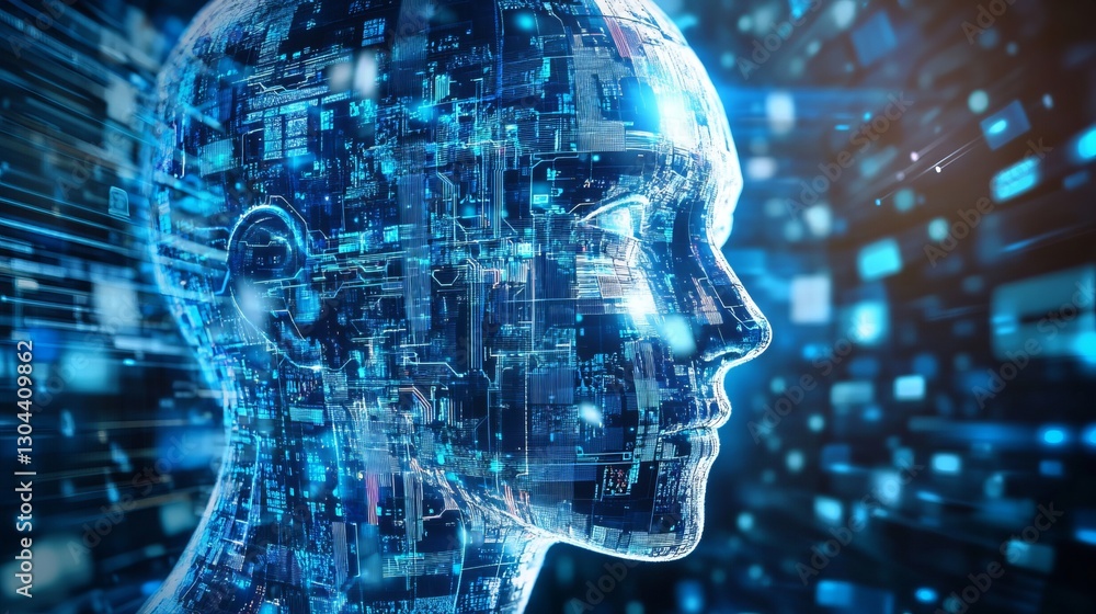 Aufkleber ai brain interface. futuristic cyborg head with neural network.