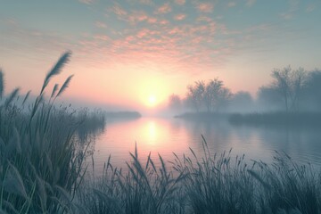 Fototapeta premium Serene fog envelops river at sunrise, revealing tranquil nature