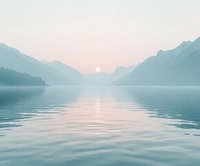 Misty mountains reflect calm waters at sunrise in serene nature