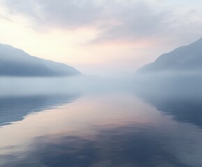 Fototapeta premium Fog covers a serene landscape with mountains and still water