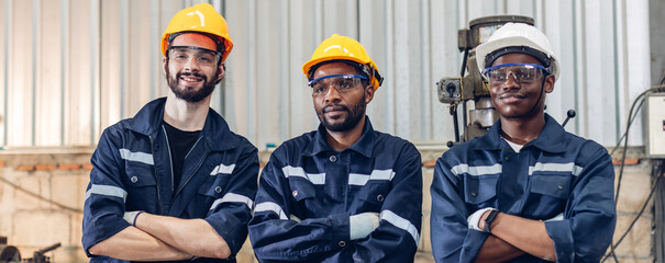 Workers Factory or Engineering work at factory site check up machine or products in site. Foreman...